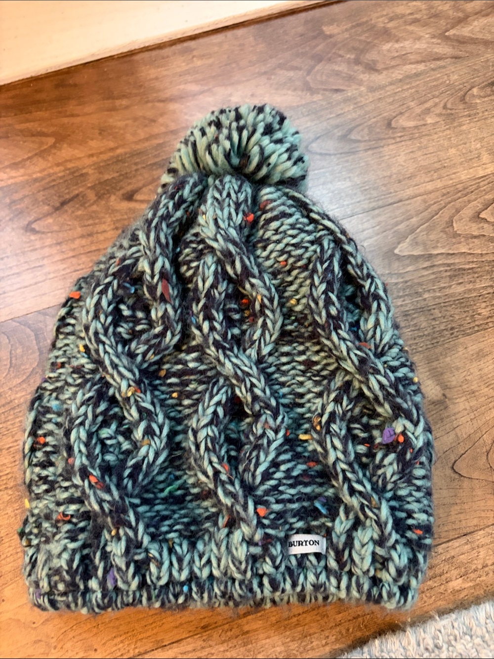 Burton Kids Teal Marled Cable Knit Pom Beanie with Multicolor Flecks